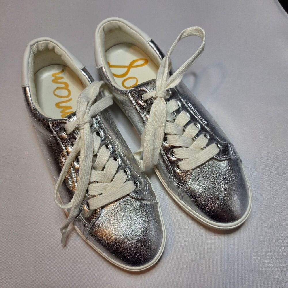 Sam Edelman ETHYL Shoes Womens Size 8 Silver Leather Low Top Sneakers Comfort